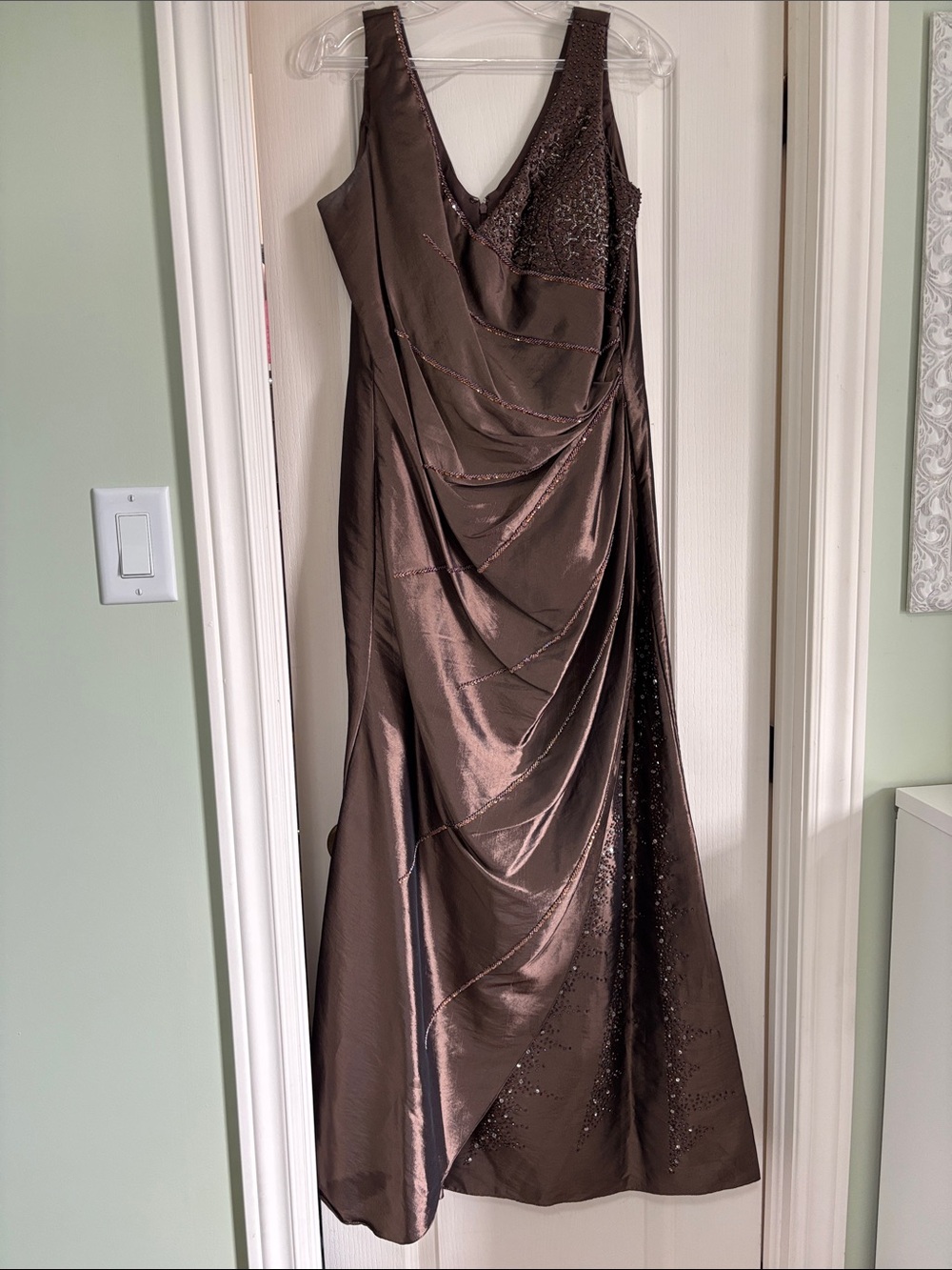 Satin Brown V-Neck Maxi Dress with Draped Detail
